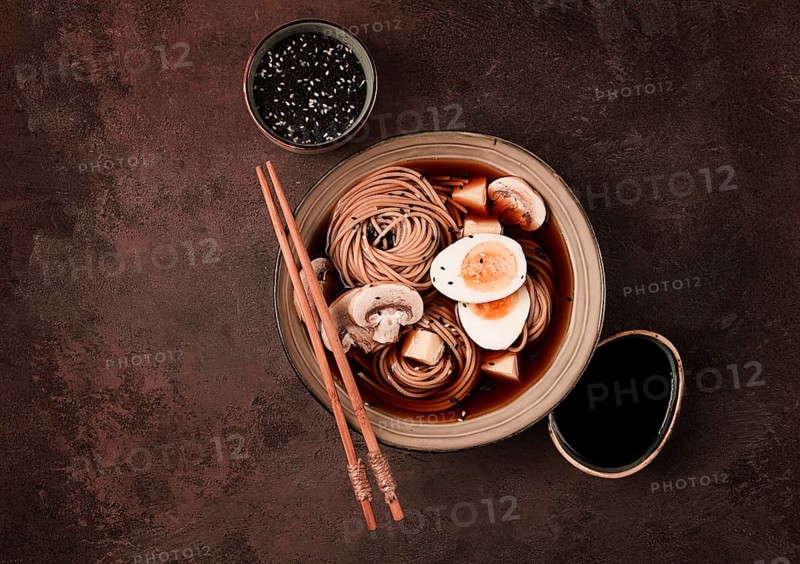 Asian soba soup, with mushrooms and egg, cheese, sesame seeds, homemade, no people