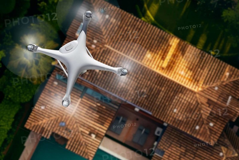 Quadcopter UAV drone flying A residential roof inspection. generative AI background, AI generated