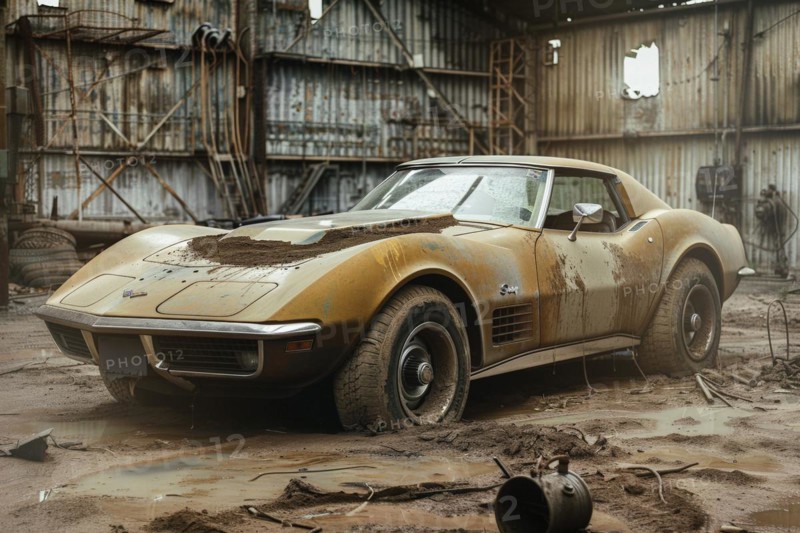 An old, weathered and dusty US-American classic car, wreck, of the type Chevrolet Corvette Stingray from the 70s stands in an old factory hall, symbolic image for restoration, repair, restoration of historical cultural assets, AI generated, AI generated, AI generated