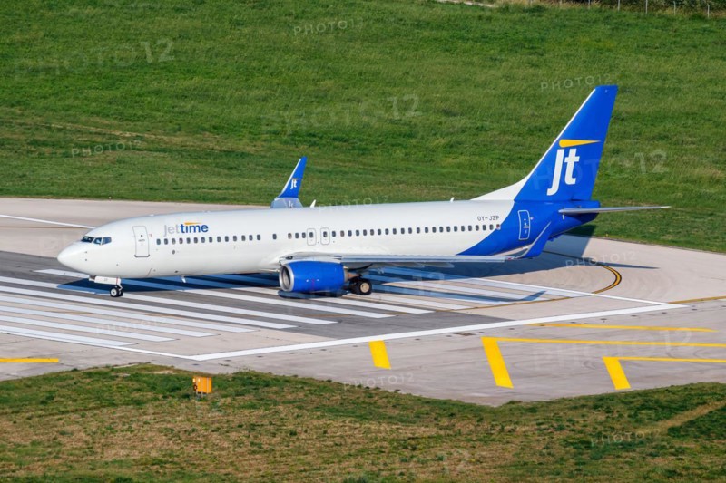 A Boeing 737-800 Jettime aircraft with the registration number OY-JZP at Split Airport, Croatia, Europe