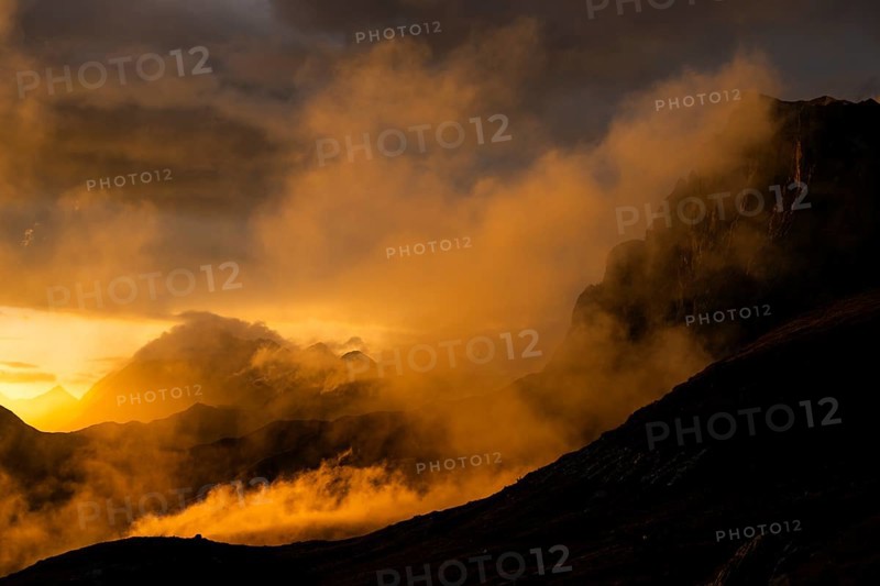 Montafon mountains with dramatic cloudy sky at sunset, Tschagguns, Rätikon, Montafon, Vorarlberg, Austria, Europe