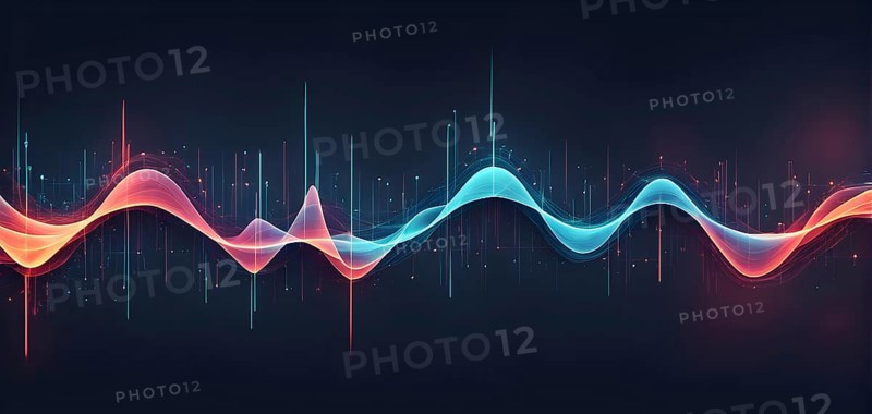Abstract illustration of digital wave forms and circuits converging to form abstract symbols of various sports, then dispersing into flowing particles, AI generated