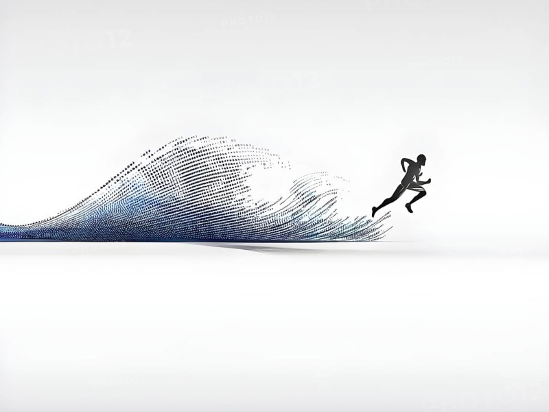 Wave of data points shaping into a runners silhouette, abstract illustration in black and white, conveying speed and precision guided by AI, AI generated