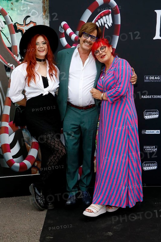 Cinzia-Paulina Dräger, Jörg Dräger and his woman Petra Dräger at the opening of the Tim Burton exhibition in the Radsetzerei on the RAW site in Berlin on 18 July 2024
