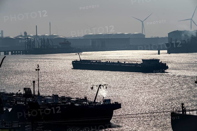 Cargo ships, tankers in the seaport of Rotterdam, in the petroleum harbour, Europoort, Rotterdam, Netherlands