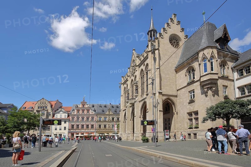 Neo-Gothic town hall and tram stop with rails, people, fish market, Erfurt, Thuringia, Germany, Europe