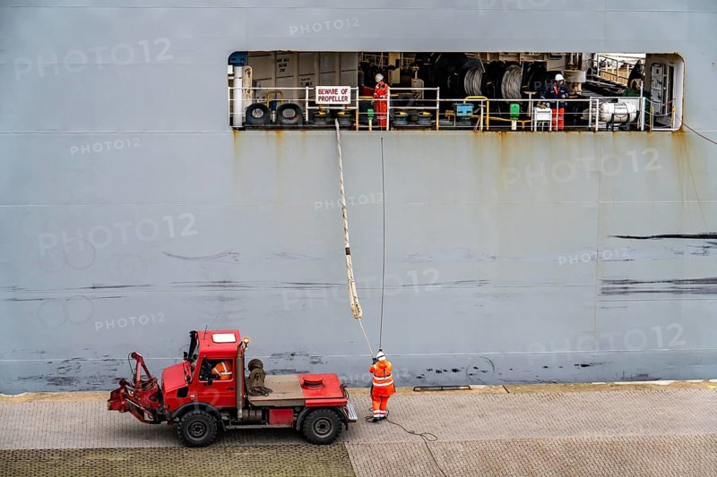 North lock in the overseas harbour of Bremerhaven, the vehicle transporter Durban Highway, under the flag of Panama, can load around 600 cars, leaves the harbour from the Bremerhaven car terminal, loaded with new cars, then heads for the Suez Canal, Bremen, Germany, Europe