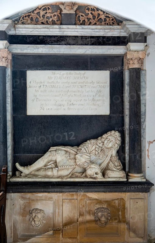 Family memorial monument to Thomas Jermyn aged 15, died 1692, Church of Saint Nicholas, Rushbrooke, Suffolk, England, UK