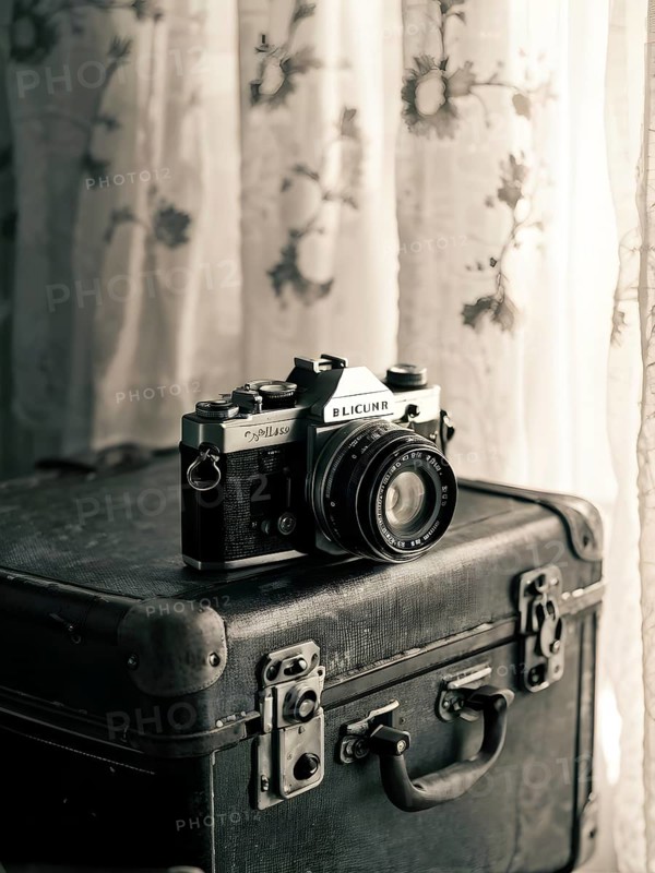 Vintage film camera surrounded by black and white photos in soft sunlight, AI generated