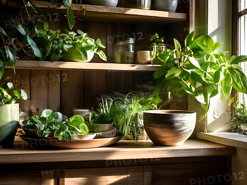 A sunlit kitchen corner, with a rustic wooden shelf holding neatly arranged ceramic bowls and a single, vibrant green houseplant, AI generated