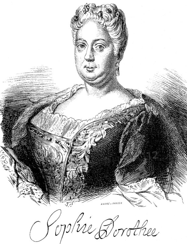 Portrait of Queen Sophie Dorothea of Brunswick-Lüneburg, wife of Frederick William I, Prussian history, signature, elegant clothing, jewellery, historical illustration 1882