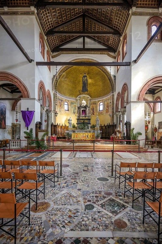 Interior view of the Basilica di Santi Maria e Donato with Byzantine mosaic pavement, Murano, Venice, Metropolitan City of Venice, Italy, Europe