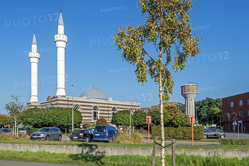 Islamic Fatih-moskee, Turkish mosque with two minarets in Ottoman architectural style in the city Beringen, province of Limburg, Belgium, Europe
