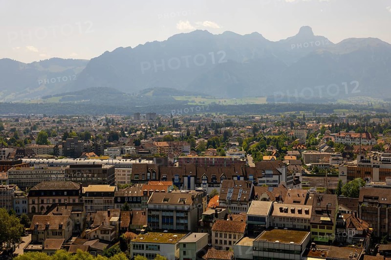 Aerial View over City of Thun and Mountain in a Sunny Day in Bernese Oberland, Bern Canton, Switzerland, Europe