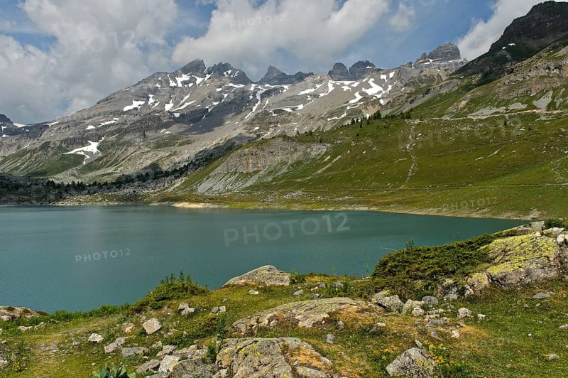 The Dents du Midi mountain range with the Haute Cime peak, left, above the mountain lake Salanfe, Lac de Salanfe, Salvan, Valais, Switzerland, Europe