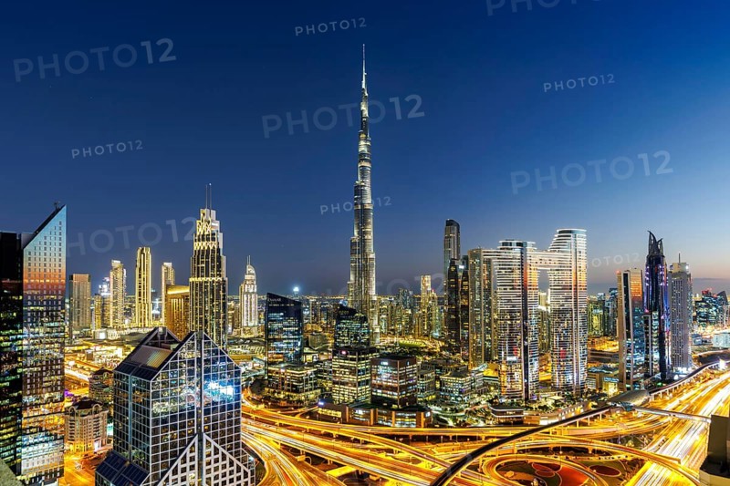 Burj Khalifa skyline tallest building in the world from above at night in Dubai, United Arab Emirates, Asia
