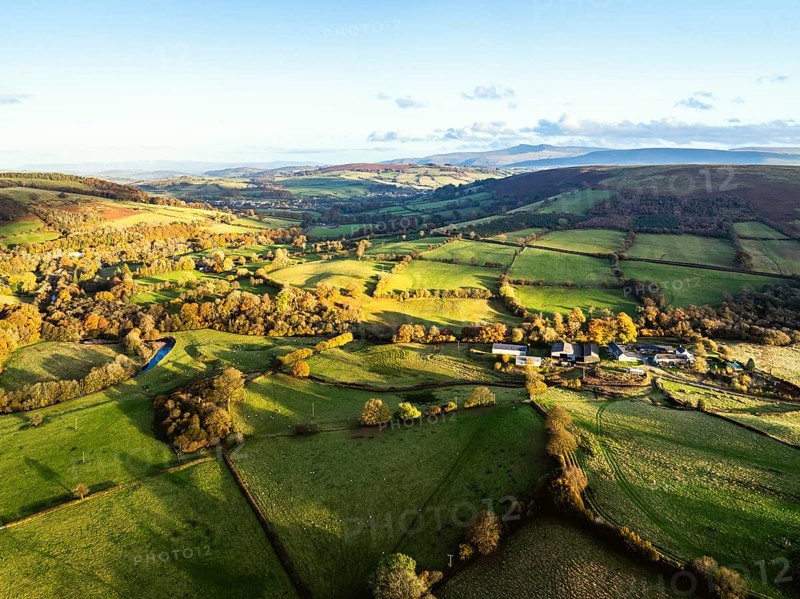 Farms over Trecastle from a drone at sunset, Brecon Beacons National Park, Powys, Wales, England, United Kingdom, Europe