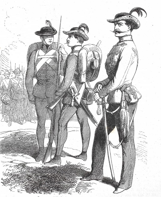 Historical, digitally restored reproduction from a 19th century original, Record date not stated, Members of the Hungarian Volunteer Corps, c. 1855, Hungary, Europe