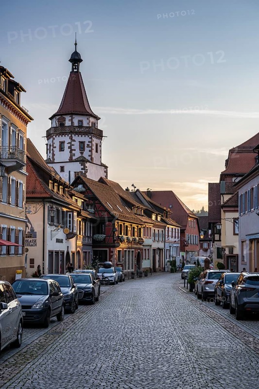 The main street with the Niggelturm tower in the historic old town of Gengenbach, Ortenaukreis, Baden-Württemberg, Germany, Europe