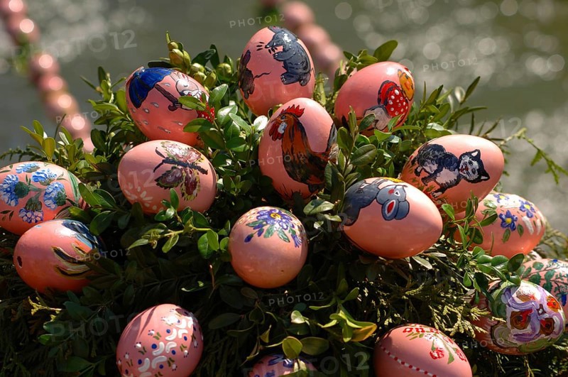 Easter custom, Easter fountain in Franconian Switzerland, detail, here in Bieberbach, district of Forchheim, Upper Franconia, Bavaria, Germany, Europe