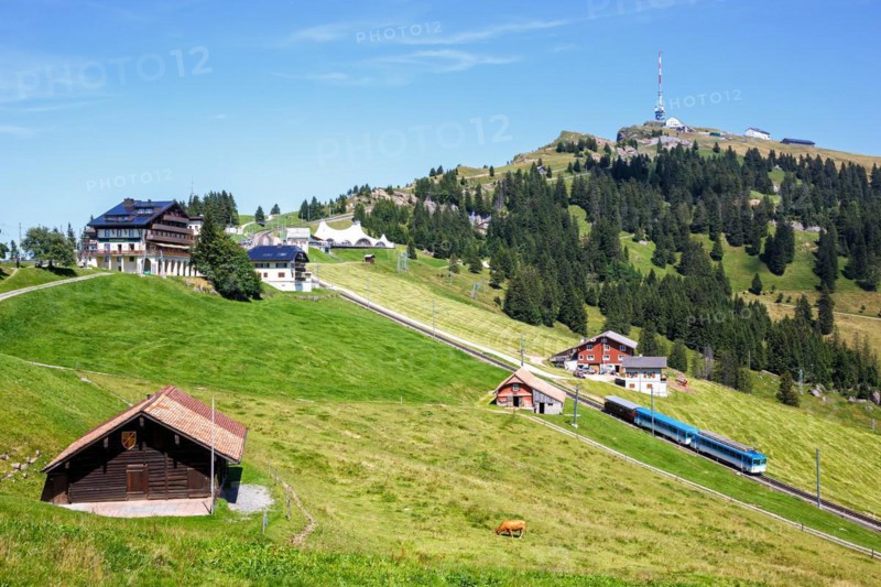 View of Mount Rigi with Rigi railway with Alps mountains in Rigi, Switzerland, Europe