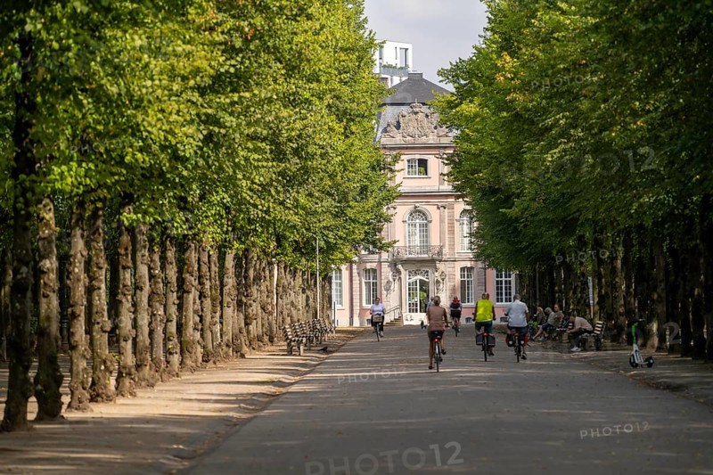 The Jägerhofallee in the Hofgarten, the central municipal park in Düsseldorf, view of Jägerhof Palace, North Rhine-Westphalia, Germany, Europe