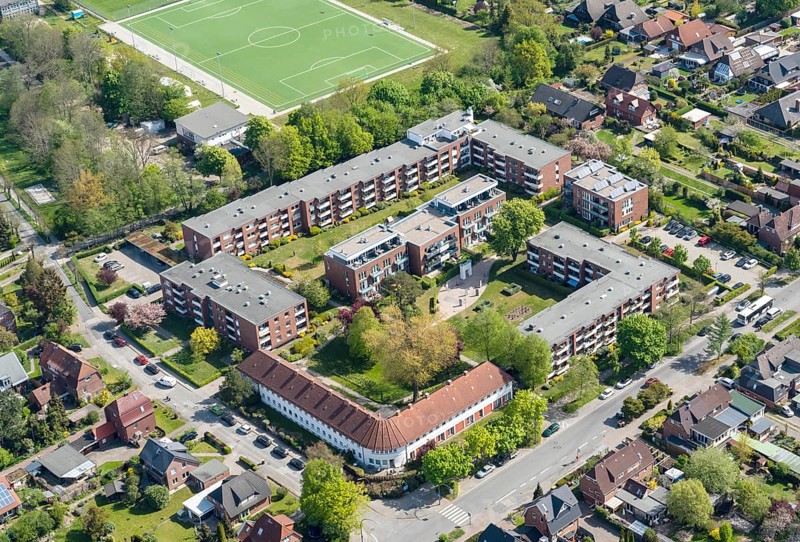 Aerial view, flat, house, densification, redensification, housing construction, lack of space, co-operative, Bergedorf Bille, Katendeich, Hamburg, Germany, Europe