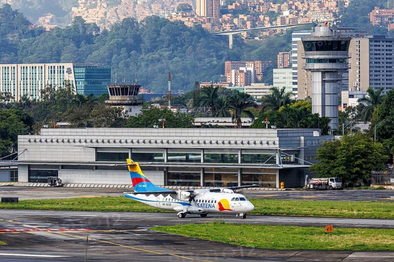 A SATENA ATR 42-600 aircraft with the registration HK-5130 at Enrique Olaya Herrera Airport in Medellin, Colombia, South America