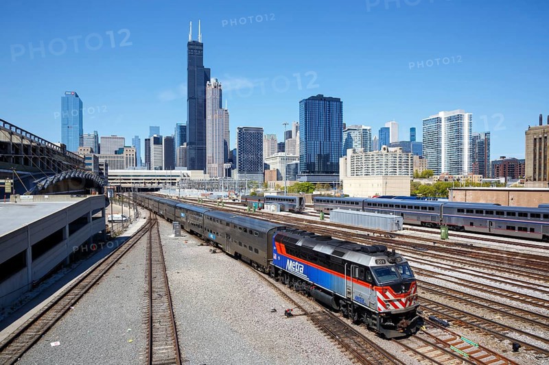 Skyline with METRA commuter train railway at Union Station in Chicago, USA, North America