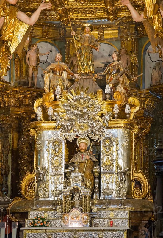 Detailed, baroque statue scene with figure of a saint on a richly decorated altar, cathedral, Santiago de Compostela, autonomous community of Galicia, place of pilgrimage, destination of the Way of St James, Spain, Europe