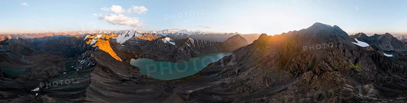 Evening mood, mountain panorama, aerial view, 4000 metre peak with glacier, mountain pass and mountain lake Ala-Kul Lake, Tien Shan, Kyrgyzstan, Asia
