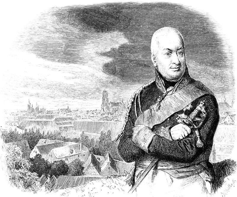 Portrait of General Count Falkreuth, defender of the siege of Danzig 1807, siege by French and Saxon troops, Fourth Coalition War, fortress, Napoleon, honourable surrender, cityscape, Prussia, historical illustration 1882