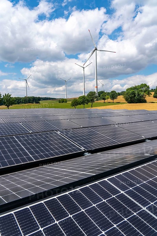 Wind farm near Lichtenau, Ostwestfalen-Lippe, a 100 kW solar power system was installed on the crane installation area in front of a wind turbine, as a trial, so the unused former construction site areas could be used for PV systems, North Rhine-Westphalia, Germany, Europe