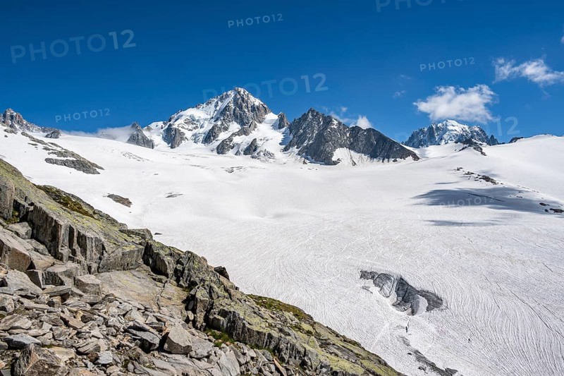High alpine mountain landscape, Glacier du Tour, glacier and mountain peak, summit of the Aiguille de Chardonnet, Chamonix, Haute-Savoie, France, Europe