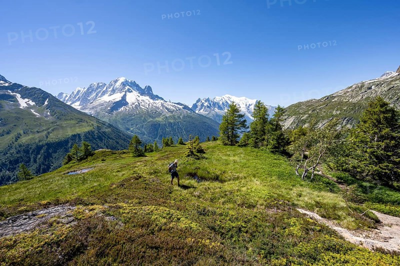 Mountaineer in front of a mountain panorama with glaciated mountain peaks, Aiguille Verte with Aiguille du Midi and Mont Blanc, hike to Aiguillette des Posettes, Chamonix, Haute-Savoie, France, Europe