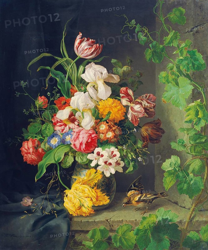 Colourful bouquet of flowers in a vase, sparrow and grapevine on a windowsill, painting by Josef Lauer (1818, 1881), Austrian still life painter who was active in the Biedermeier period, among others