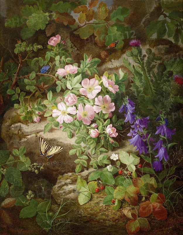 Large still life with alpine flowers and butterflies, painting by Josef Lauer (1818, 1881), Austrian still life painter who was active in the Biedermeier period, among others