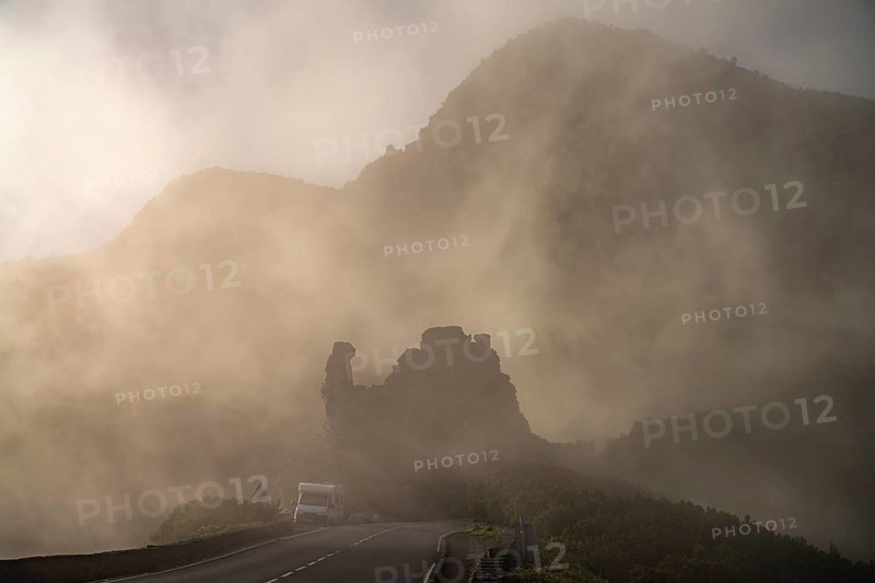 The volcanic rocks of Los Roques in the fog, La Gomera Island, Canary Islands, Spain, Europe