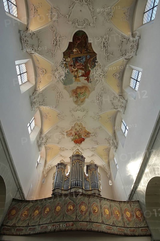 Interior view with organ and ceiling fresco, wall painting, of the UNESCO Carolingian St Peter and Paul Church, Niederzell, Reichenau Island, Untersee, Lake Constance, Lake Constance region, Baden-Württemberg, Germany, Europe