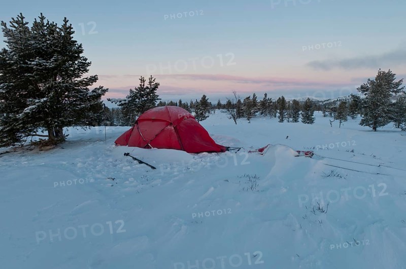 Tent in mountain landscape, Sarek National Park, World Heritage Laponia, Norrbotten, Lapland, Sweden, Sweden, Scandinavia, Europe