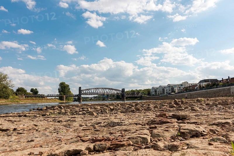 Dried-out riverbed of the Elbe, historic lift bridge, Magdeburg, Saxony-Anhalt, Germany, Europe