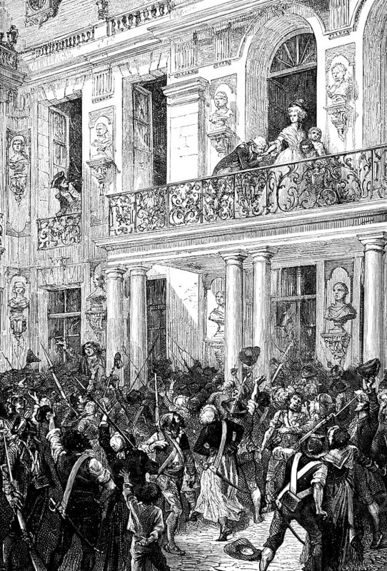 Lafayette saves the queen, Palace of Versailles, Paris, crowd, weapons, guns, anger, revolution, balcony, children, outdoors, King Louis XVI, abolition of the nobility, fight for reforms, social contrasts, France, historical illustration 1882, Europe