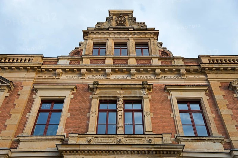 Historic brick façade with ornate windows and architectural details, St. Augustin Grammar School, Grimma, Leipzig, Saxony, Germany, Europe