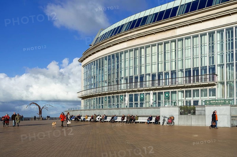Casino-Kursaal and sculpture Dansende Golven, Dancing Waves on promenade in winter at seaside resort Ostend, Oostende, West Flanders, Belgium, Europe