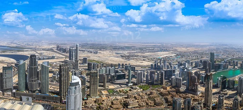 UAE, Dubai panoramic skyline view of city downtown and Dubai Mall