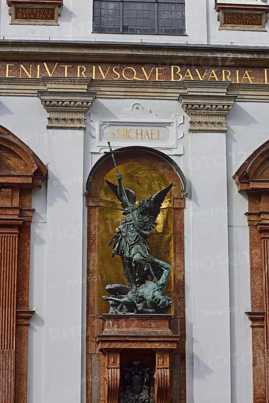 Europe, Germany, Bavaria, City, City of Munich, Neuhauser Straße, St Michael's Church, Statue of St Michael, Europe