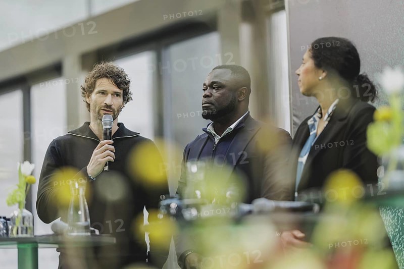 (L-R) Arne Friedrich, former professional football player, Gerald Asamoah, and Steffi Jones, former professional football player, photographed at the kick-off event for the European Football Championship in Berlin, 1 February 2024 / Photographed on behalf of the Federal Foreign Office