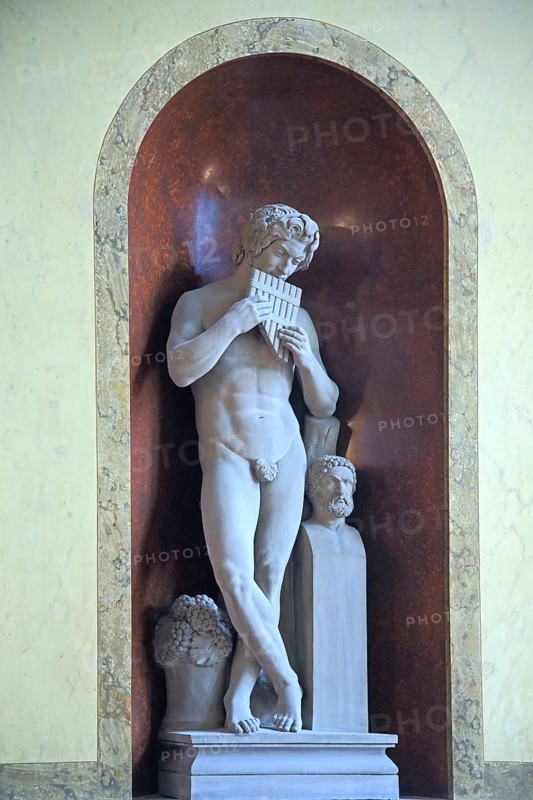 Pan the Greek shepherd god, flute player, panpipe, play music, statue, naked, mythology, Greek, god, city palace, Hessian state parliament, city centre, Wiesbaden, Taunus, Hesse, Germany, Europe