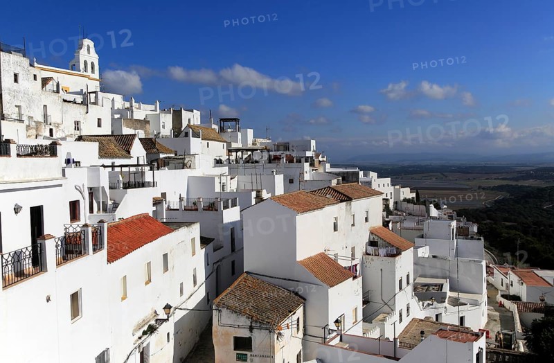 Pueblo blanco historic village whitewashed houses on hillside, Vejer de la Frontera, Cadiz Province, Spain, Europe