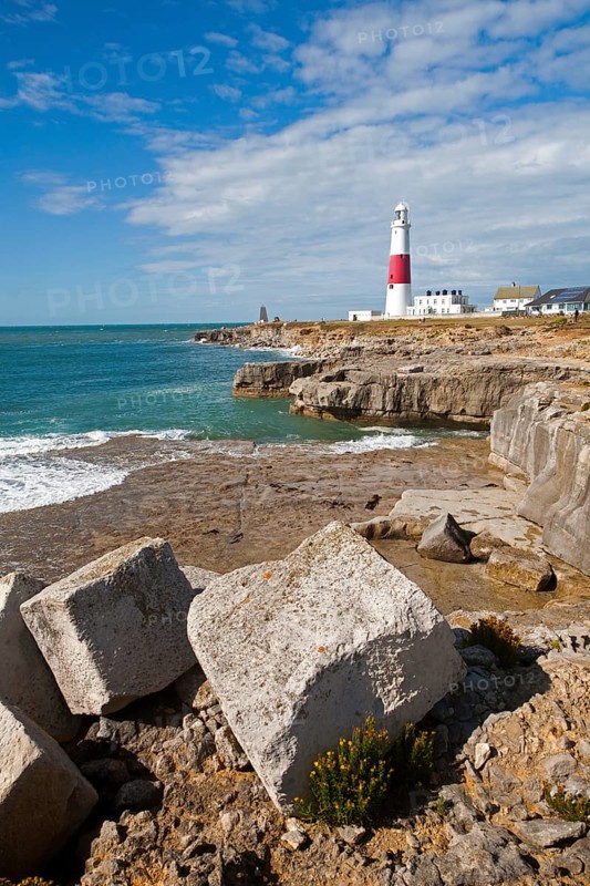 Red and white lighthouse on the coast at Portland Bill, Isle of Portland, Dorset, England, United Kingdom, Europe